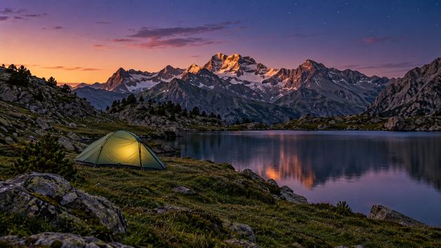 Une petite tente de randonnée montée au crépuscule sur une terrasse herbeuse, au pied de sommets pyrénéens