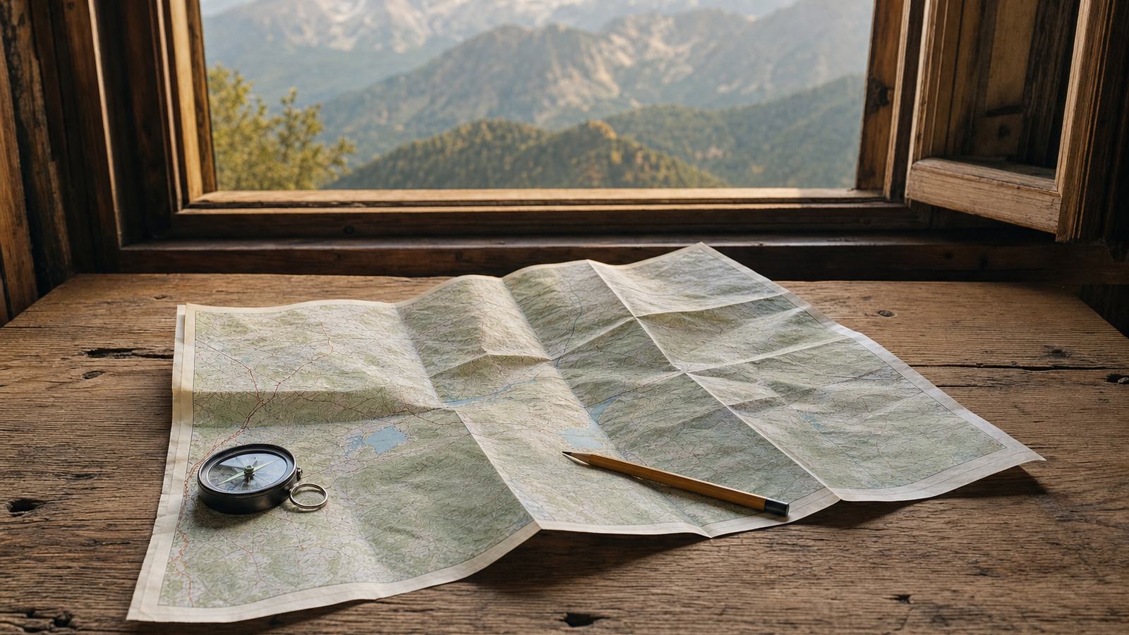 Carte topographique dépliée sur une table en bois, avec boussole, topoguide et jumelles avant une randonnée