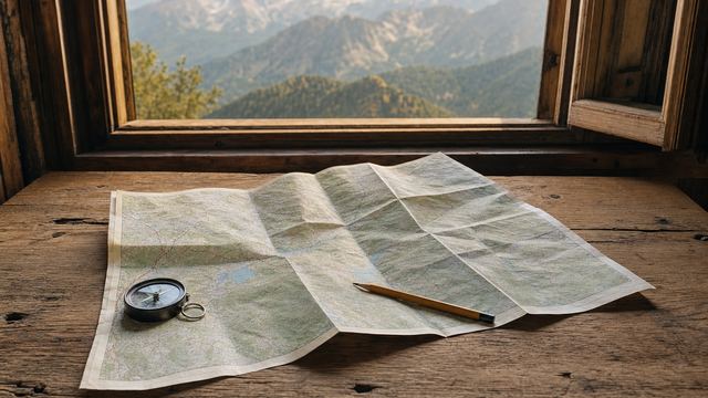 Carte topographique dépliée sur une table en bois, avec boussole, topoguide et jumelles avant une randonnée