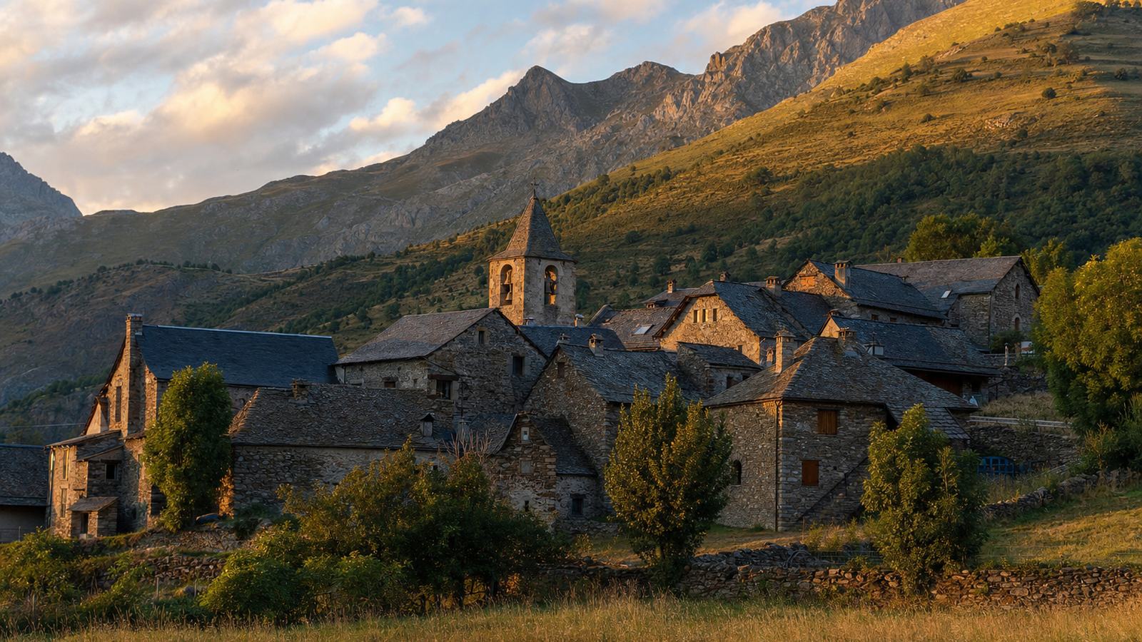 Glacial cirque with a waterfall and stone-walled meadow where sheep graze, in the French Pyrenees in early summer