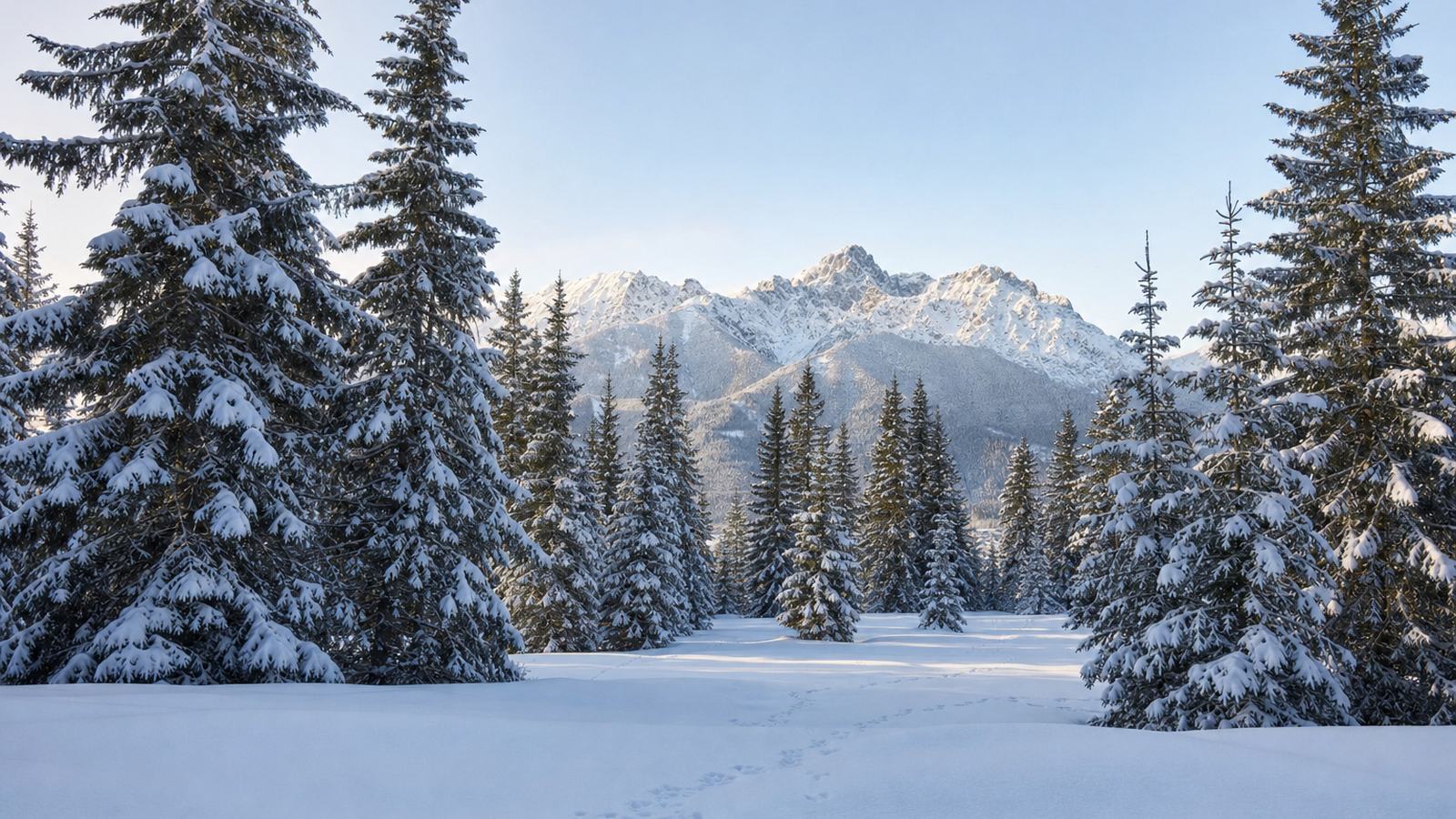 Deux randonneurs en raquettes suivant une trace dans la neige, à la lisière d’une forêt de pins en montagne