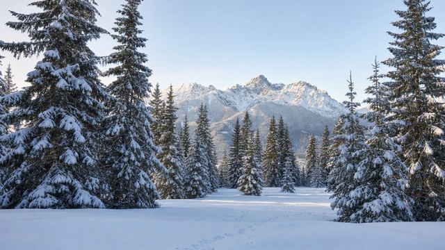 Deux randonneurs en raquettes suivant une trace dans la neige, à la lisière d’une forêt de pins en montagne