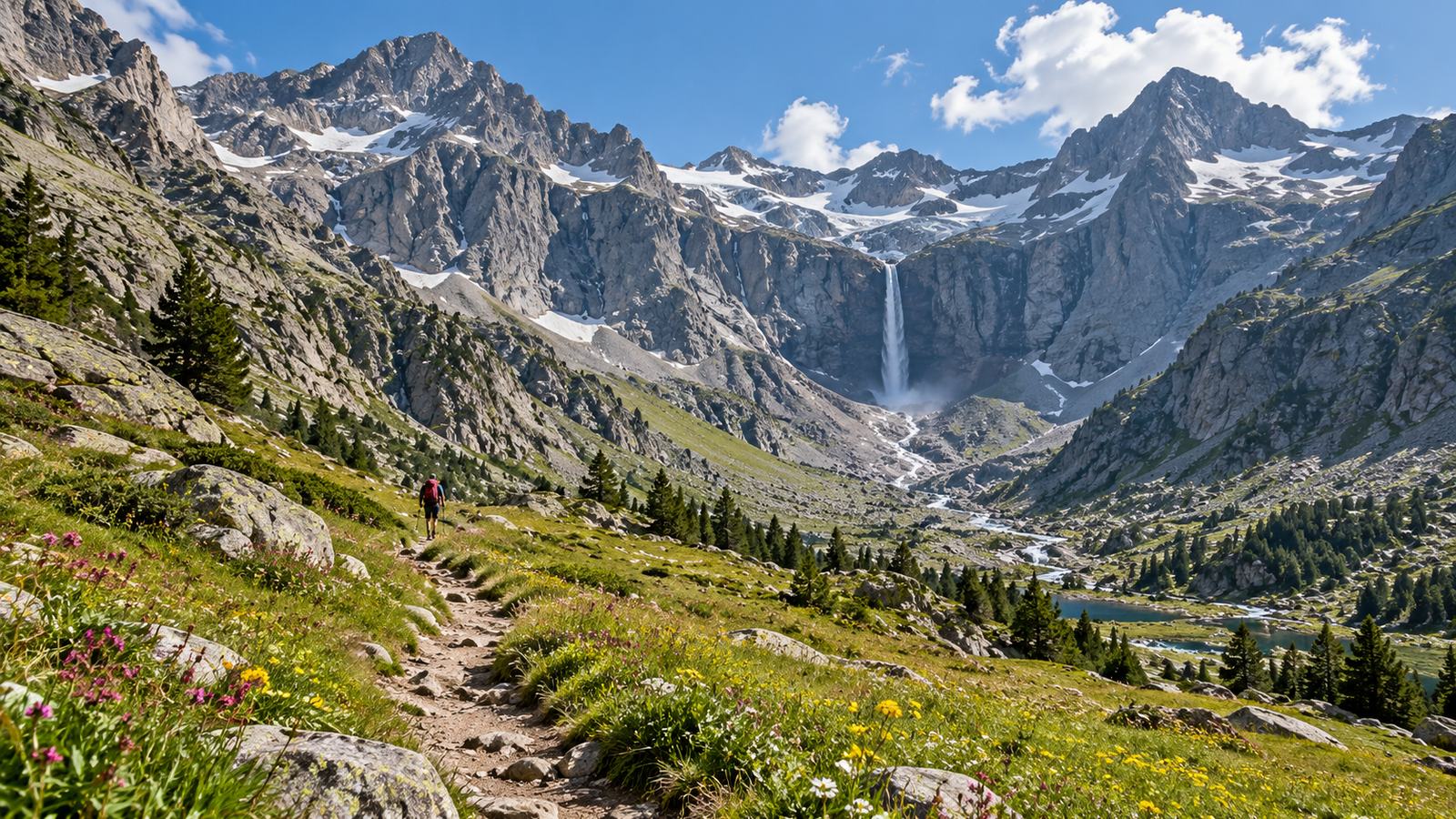 Randonneurs marchant vers un cirque glaciaire des Pyrénées, sentier de pelouse et crêtes au loin