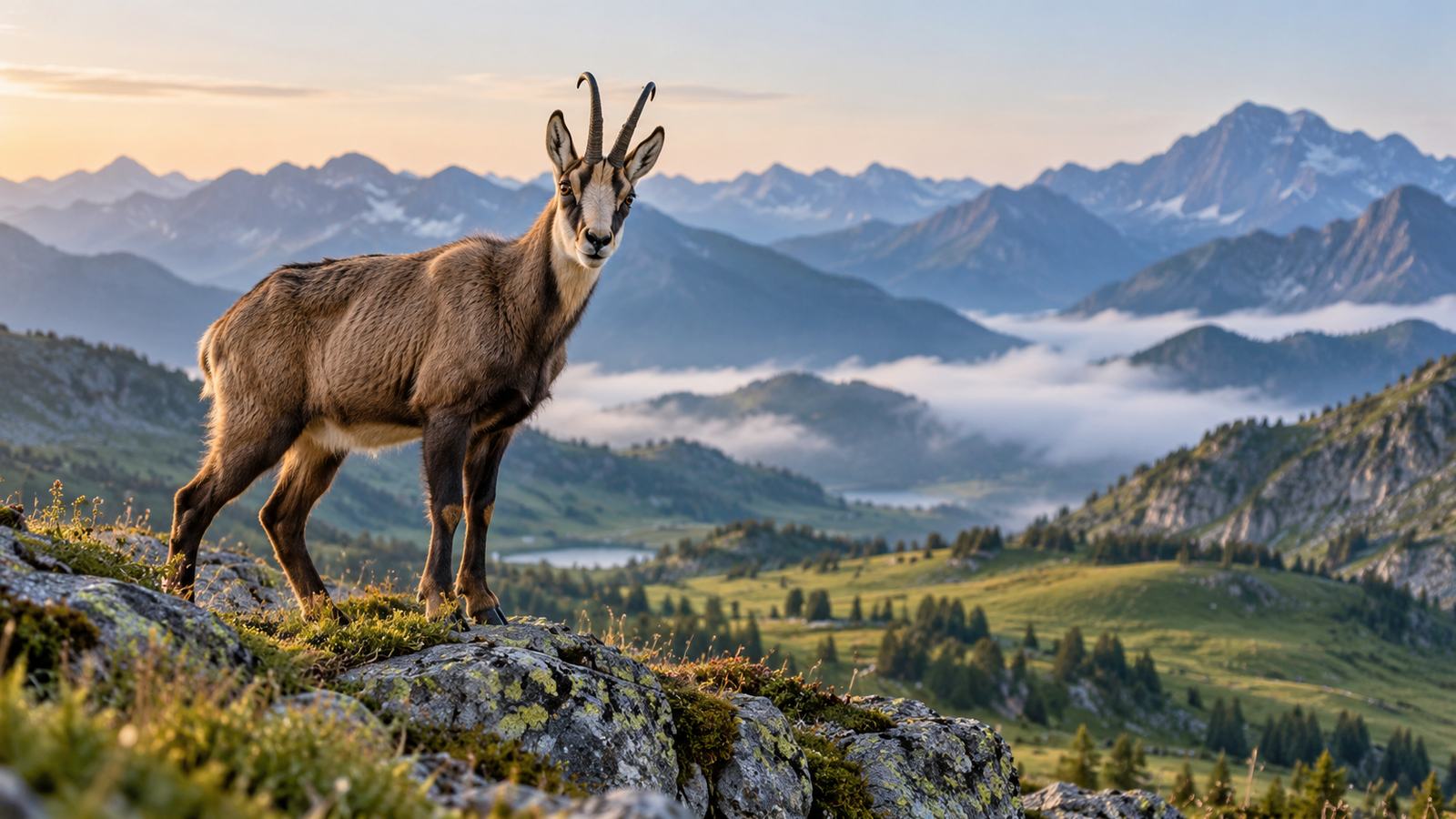 Isards sur une pente herbeuse au lever du jour, avec des falaises pyrénéennes baignées de lumière rasante