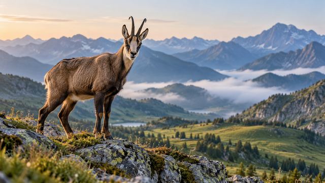 Isards sur une pente herbeuse au lever du jour, avec des falaises pyrénéennes baignées de lumière rasante