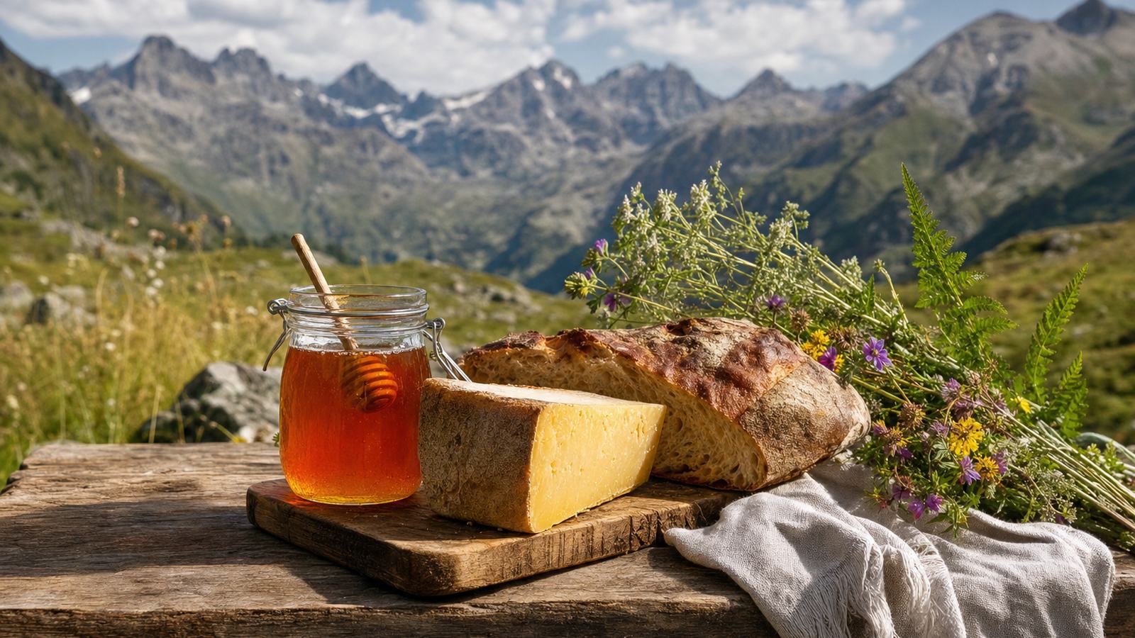 Étal de produits fermiers et de miel de montagne dans un village de vallée pyrénéenne, un matin de marché
