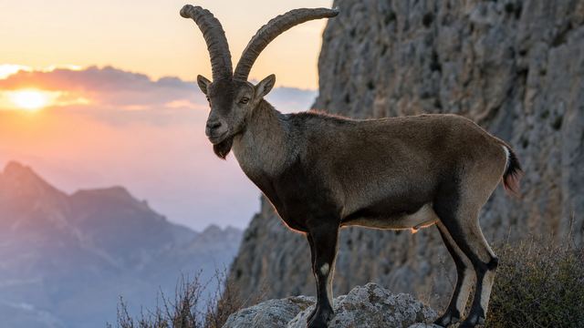Bouquetin ibérique mâle aux cornes en lyre, immobile sur une arête rocheuse dominant une vallée pyrénéenne
