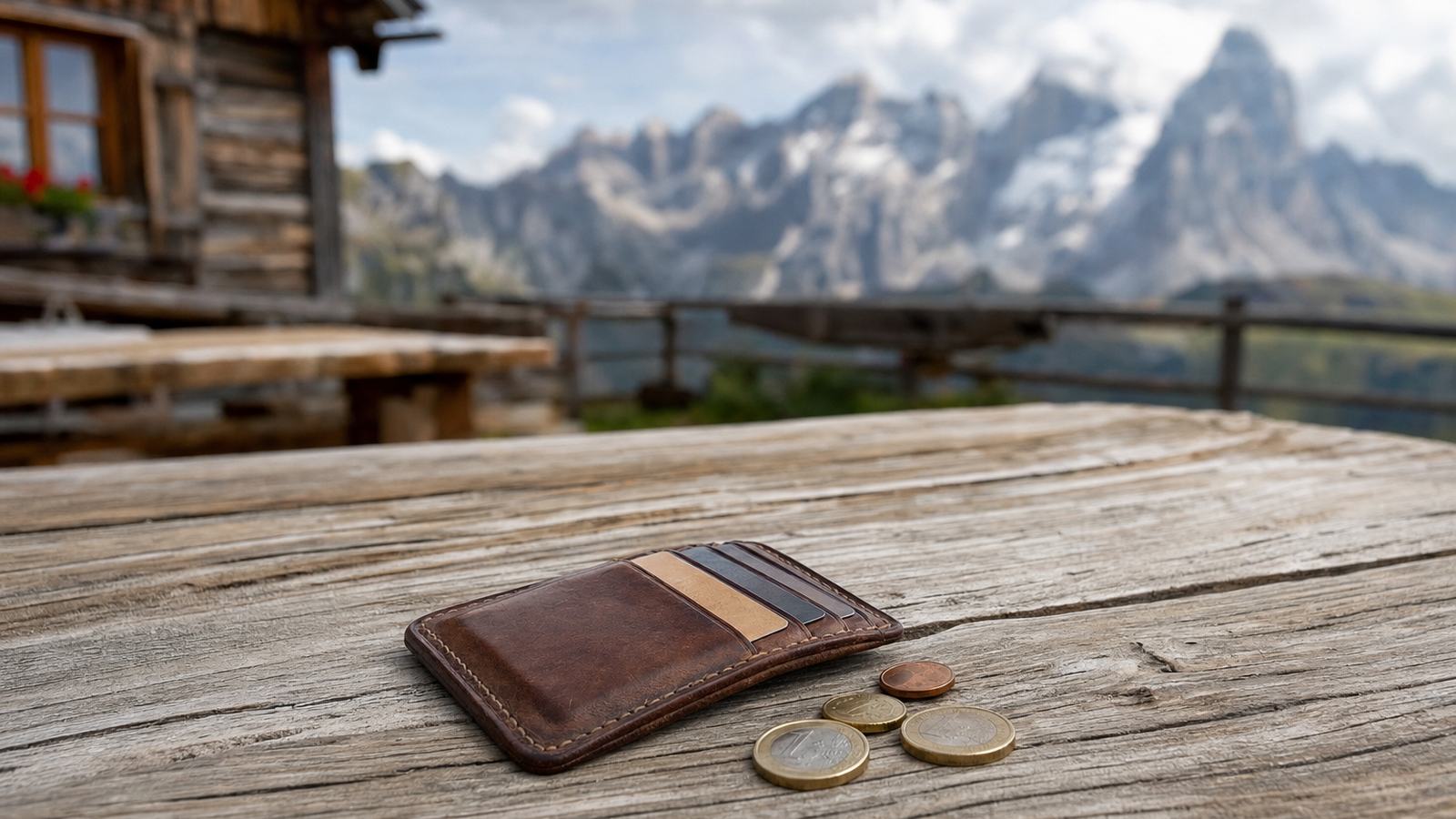 A few euro coins and a small card wallet on a wooden table on a mountain hut terrace with soft blurred peaks behind