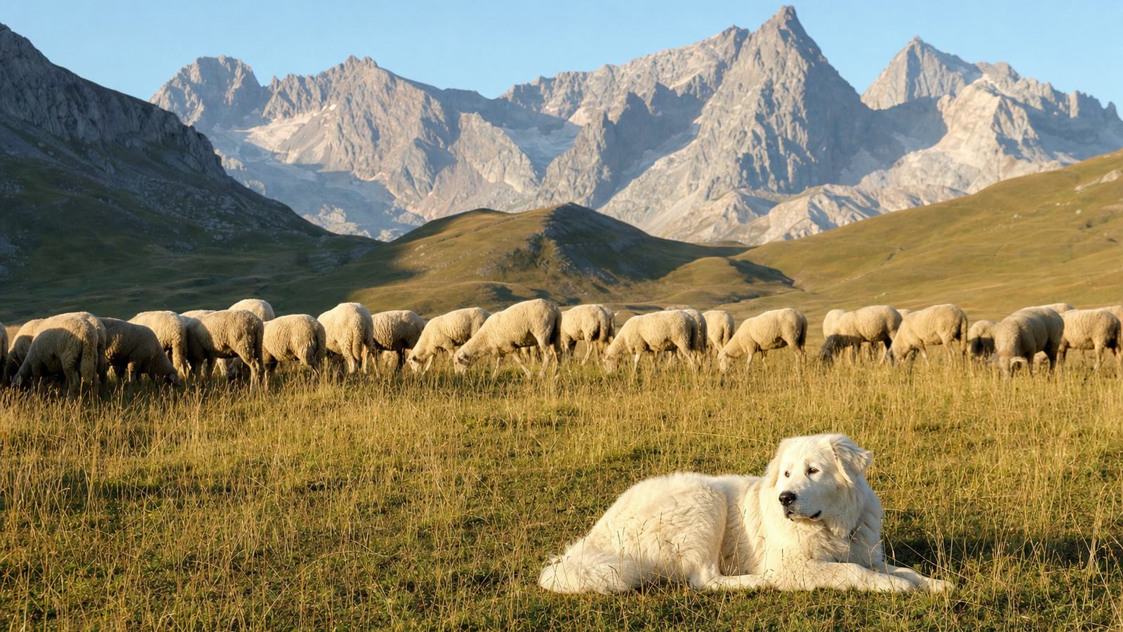 Troupeau de brebis gardé par un chien de protection sur une estive pyrénéenne, avec des crêtes en arrière-plan