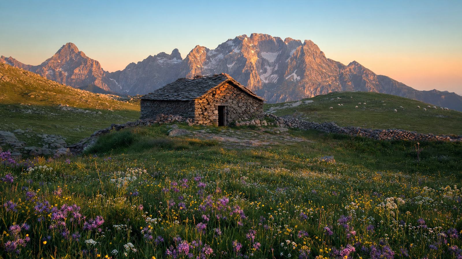 Estive pyrénéenne avec cabane de pierre, troupeau de brebis et crêtes rocheuses en arrière-plan sous un ciel clair