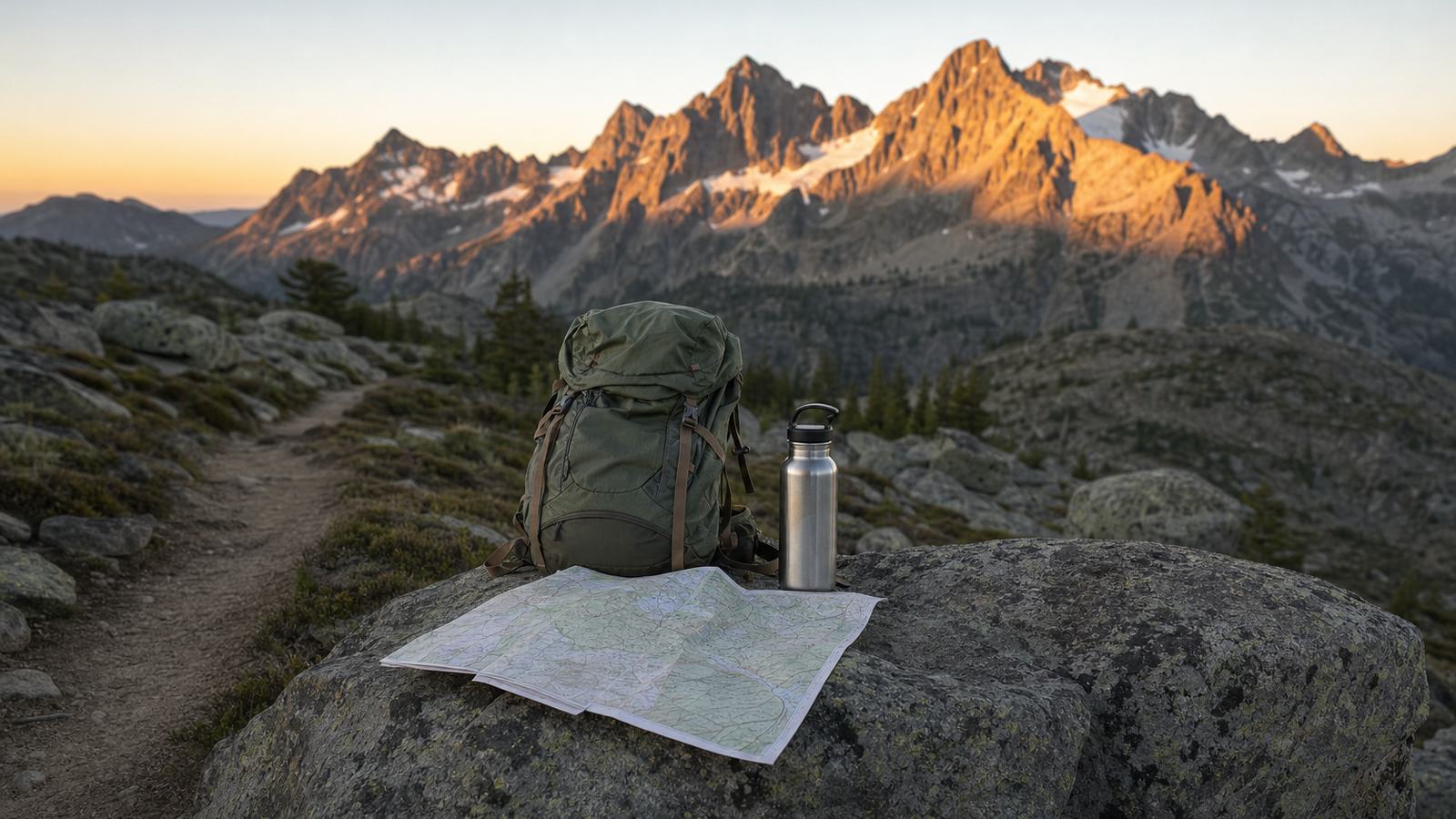Sac de randonnée, carte et chaussures posés sur une table avant un départ à l'aube en montagne