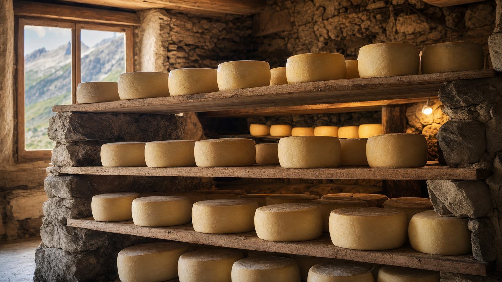 Fromages de montagne et pots de miel présentés sur une table en bois devant une grange pyrénéenne
