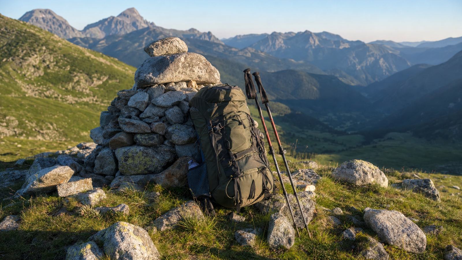 A packed hiking backpack and trekking poles resting against a stone cairn above a green Pyrenean valley in early light