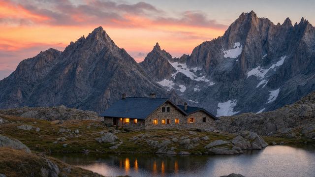 Un refuge de montagne en pierre au bord d'un lac d'altitude, avec des randonneurs sur la terrasse en fin de journée
