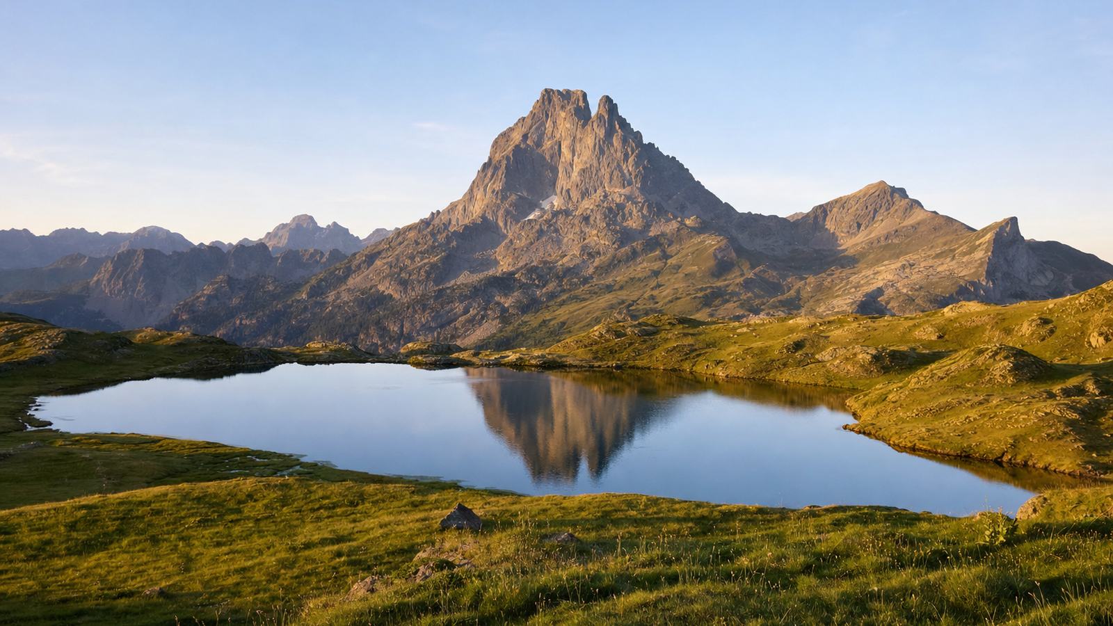Le Pic du Midi d'Ossau et sa double pointe se reflétant dans un lac de montagne, pelouses d'estive au premier plan