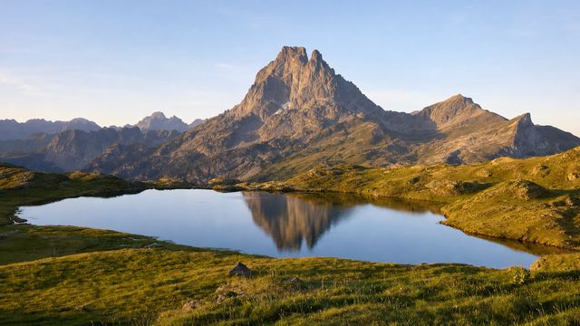 Le Pic du Midi d'Ossau et sa double pointe se reflétant dans un lac de montagne, pelouses d'estive au premier plan