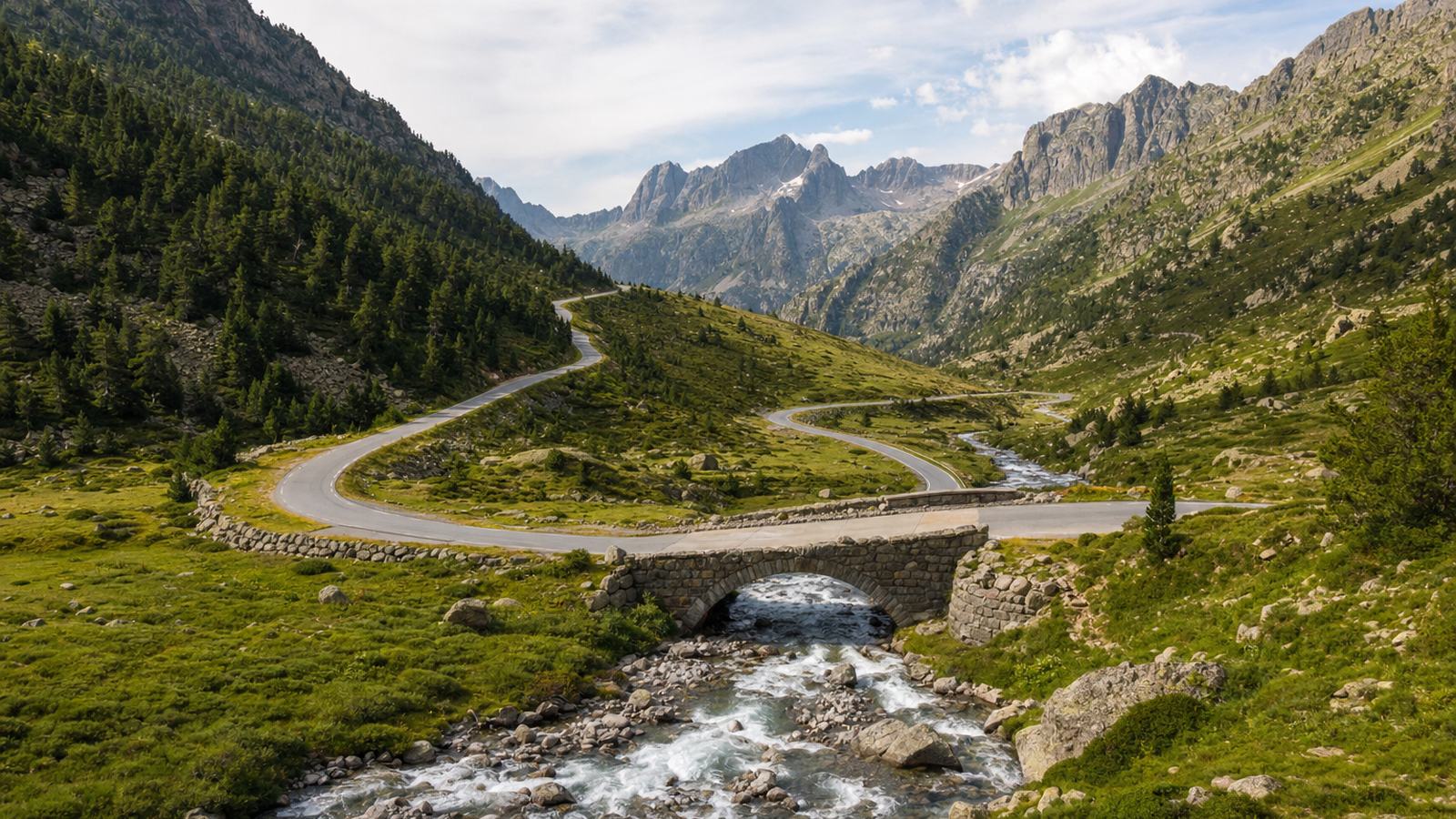 Route de vallée serpentant entre des versants boisés vers les sommets pyrénéens en fond de paysage