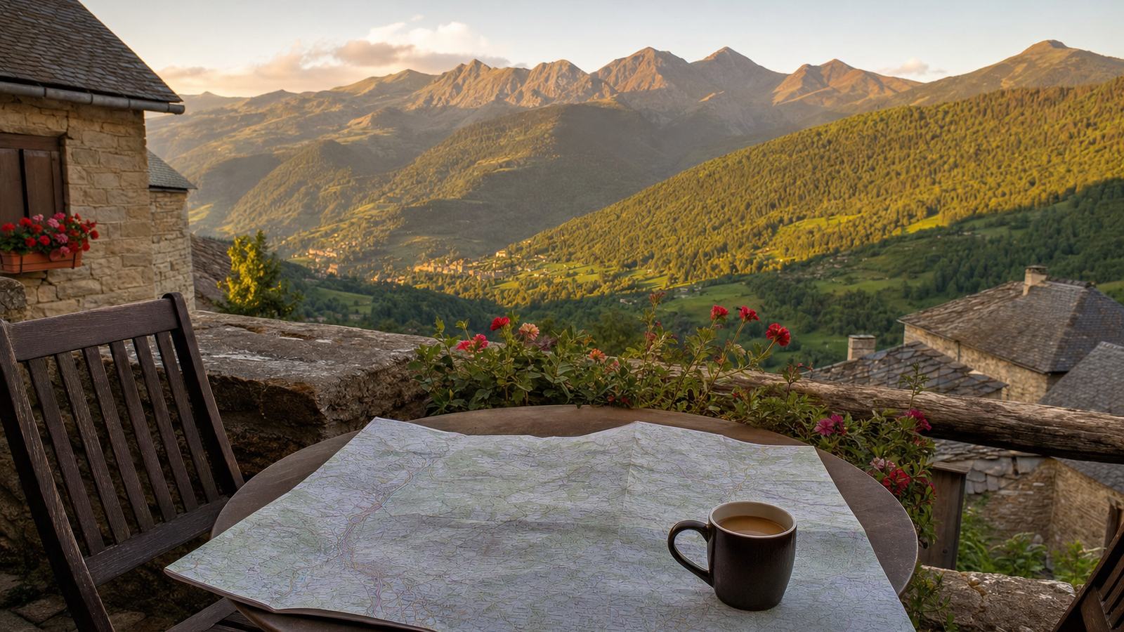A hillside village terrace above a green Pyrenean valley at golden hour, with a paper map and a coffee cup on a table